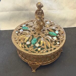 Vintage Jewelled Filigree Cherub   Gold and Green MCM Regency Jewelry Box